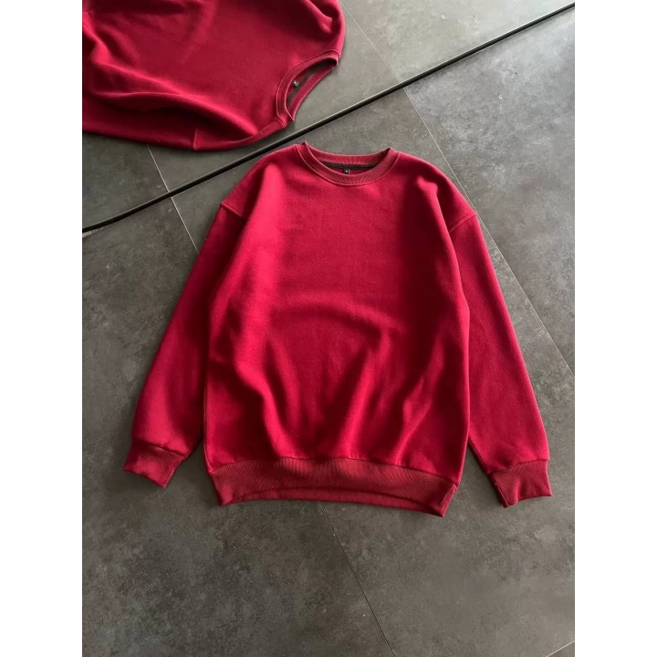 Kışlık Bisiklet Yaka Üç İplik Basic SweatShirt - Bordo