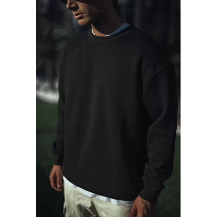 Kışlık Bisiklet Yaka Üç İplik Basic SweatShirt - Siyah