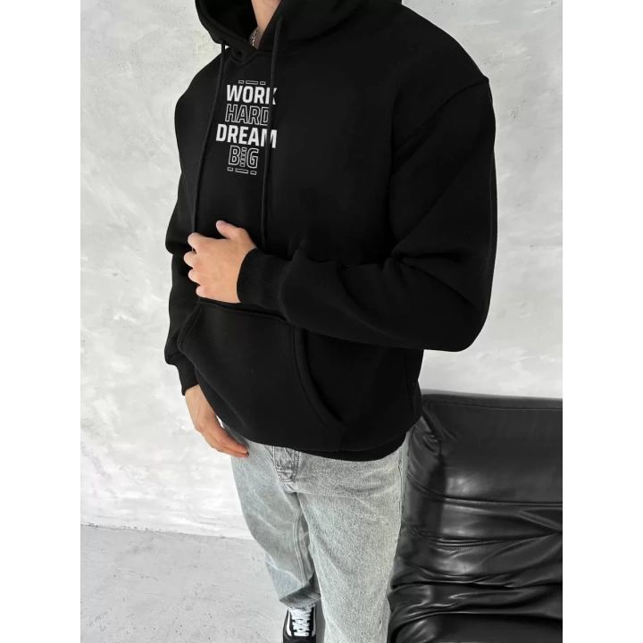 Kışlık Üç İplik Kapüşonlu SweatShirt - Siyah