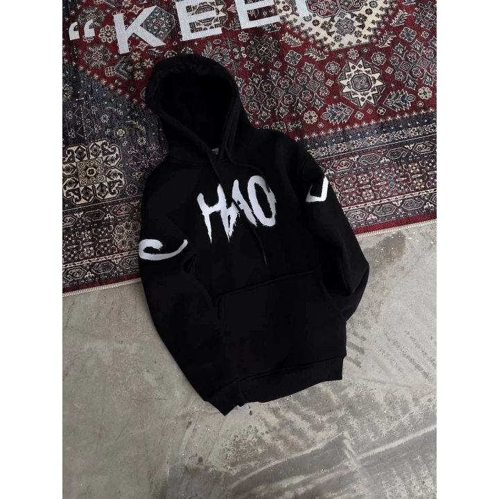 Oversize Kapşonlu Baskılı SweatShirt - Siyah