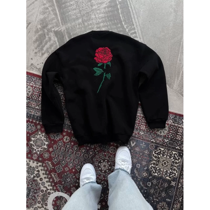 Oversize Üç İplik Bisiklet Yaka Baskılı SweatShirt - Siyah