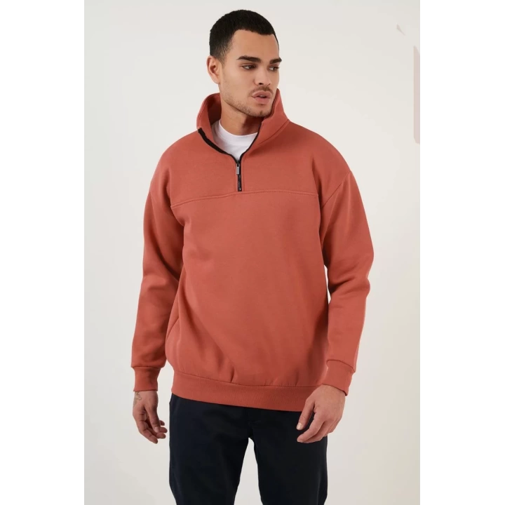 Oversize Yarım Farmuarlı Yakalı Özel Tasarım Basic SweatShirt - Beyaz