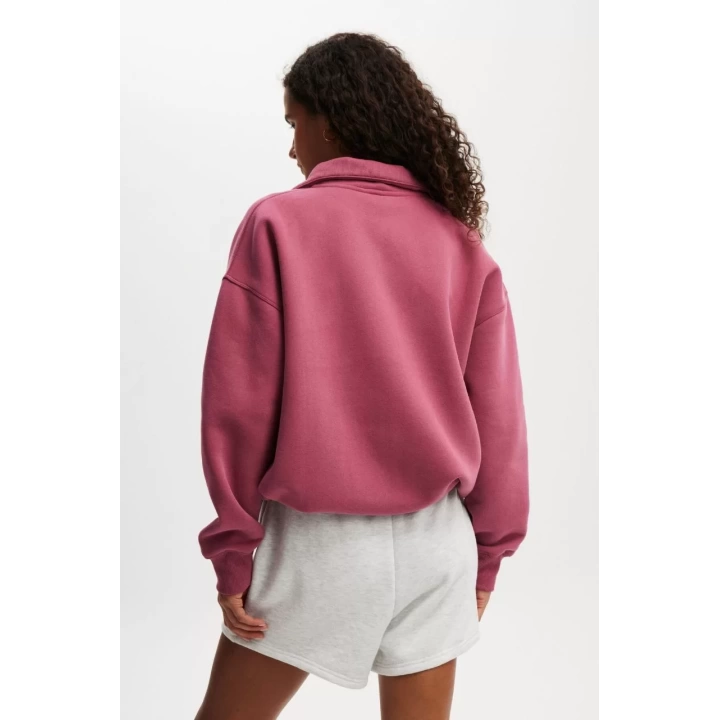 Oversize Yarım Farmuarlı Yakalı Basic SweatShirt - Gül Kurusu