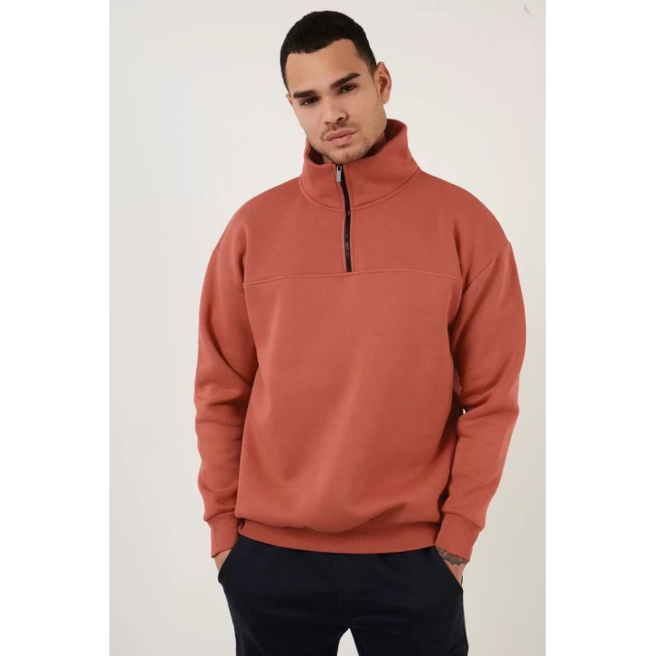 Oversize Yarım Farmuarlı Yakalı Özel Tasarım Basic SweatShirt - Beyaz