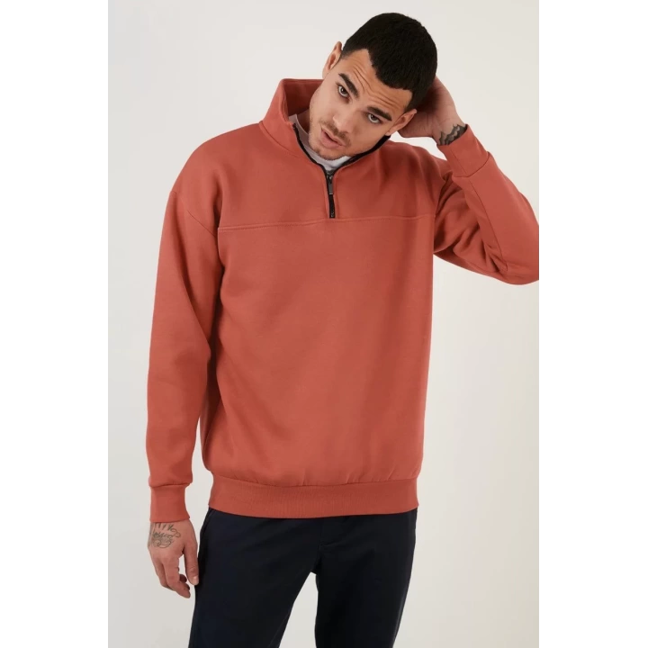 Oversize Yarım Farmuarlı Yakalı Özel Tasarım Basic SweatShirt - Beyaz