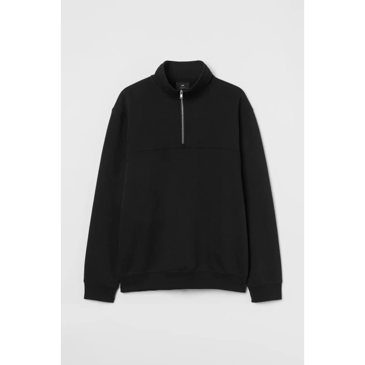 Oversize Yarım Farmuarlı Yakalı Basic SweatShirt - Siyah