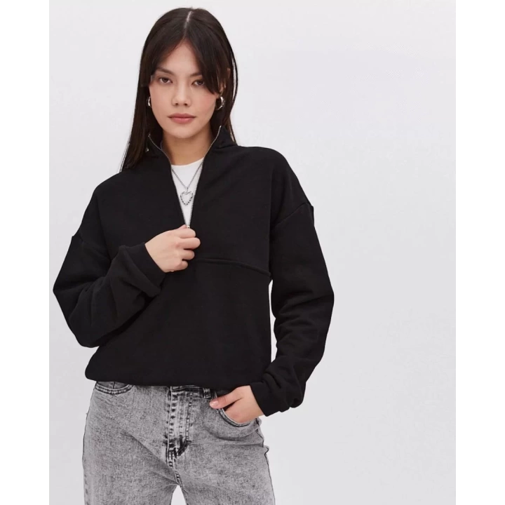 Oversize Yarım Farmuarlı Yakalı Basic SweatShirt - Siyah