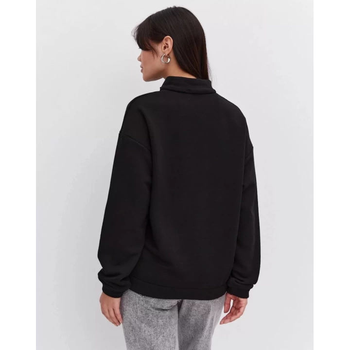 Oversize Yarım Farmuarlı Yakalı Basic SweatShirt - Siyah