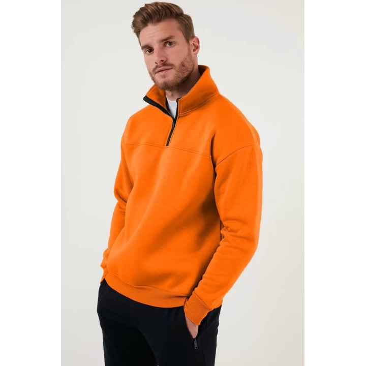 Oversize Yarım Farmuarlı Yakalı Basic SweatShirt - Turuncu