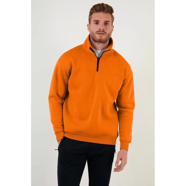 Oversize Yarım Farmuarlı Yakalı Basic SweatShirt - Turuncu