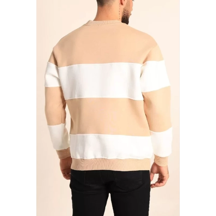 Parçalı Bisiklet Yaka Baskılı SweatShirt - Bej