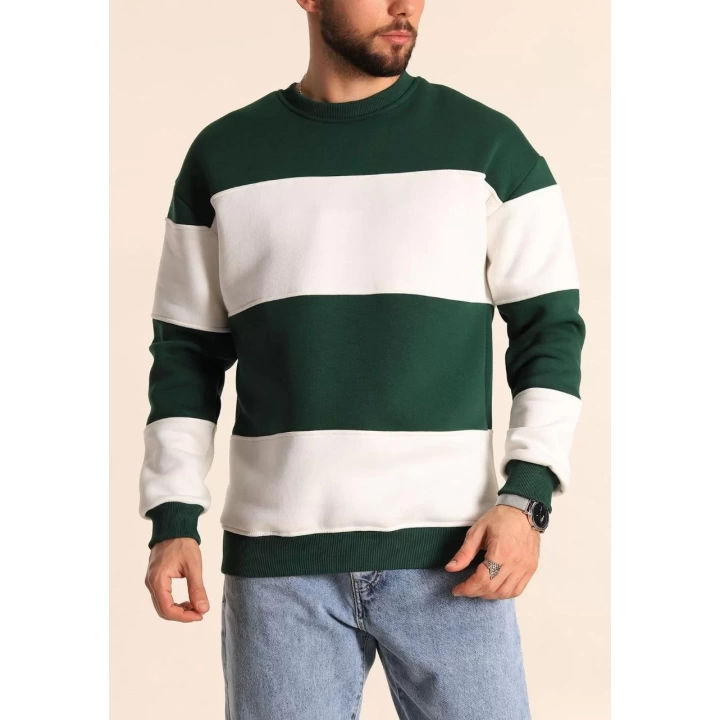 Parçalı Bisiklet Yaka Baskılı SweatShirt - Yeşil