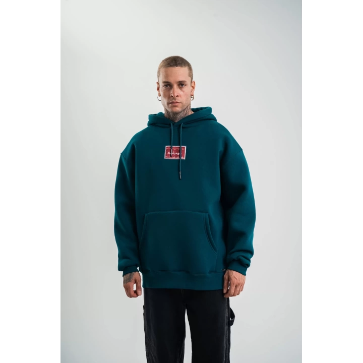 Double Oversize Kapşonlu Dijital Patchli SweatShirt - Koyu Deniz Yeşili