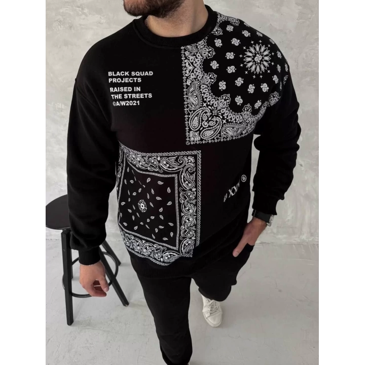 Üç İplik Desenli Bisiklet Yaka Oversize SweatShirt - Siyah