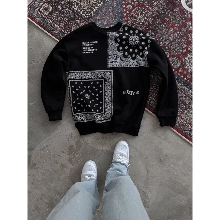 Üç İplik Desenli Bisiklet Yaka Oversize SweatShirt - Siyah