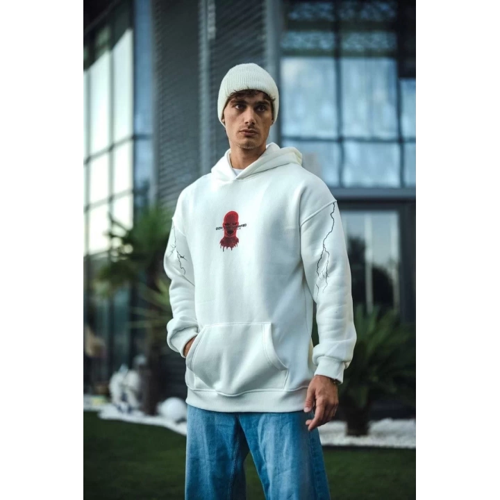 Üç İplik Kapüşonlu Baskılı Oversize SweatShirt- Beyaz