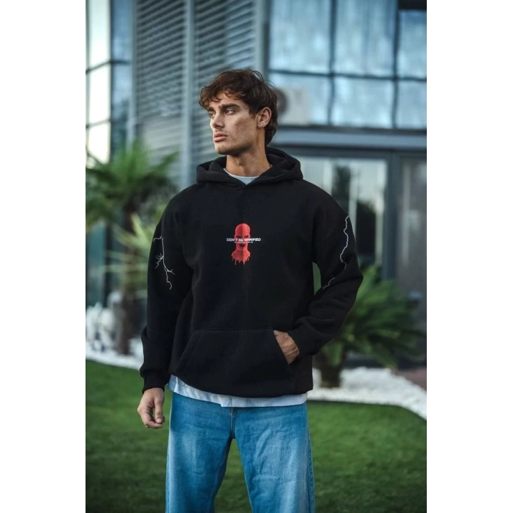 Üç İplik Kapüşonlu Baskılı Oversize SweatShirt- Siyah