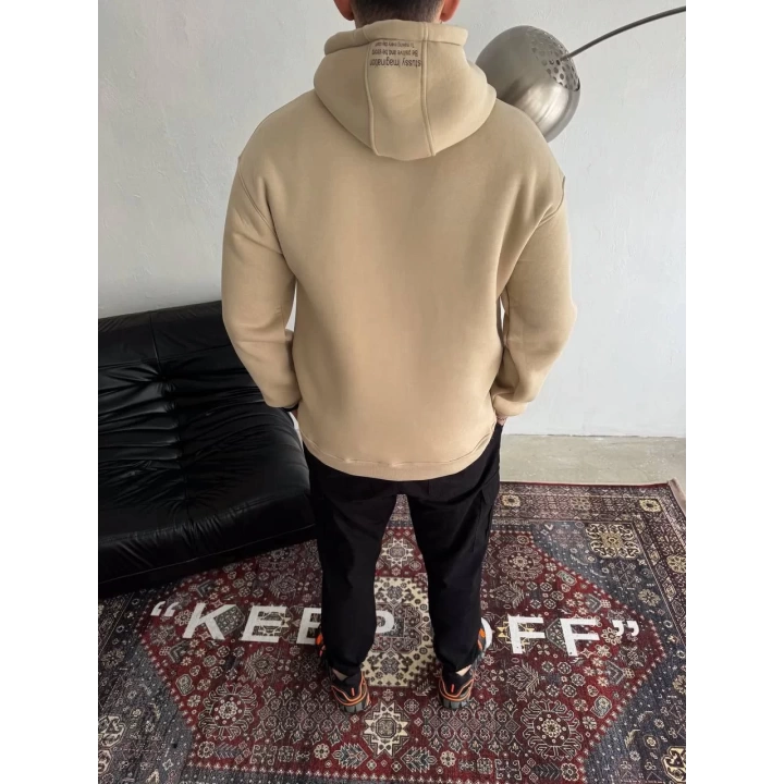 Üç İplik Kapşonlu Baskılı SweatShirt - Bej