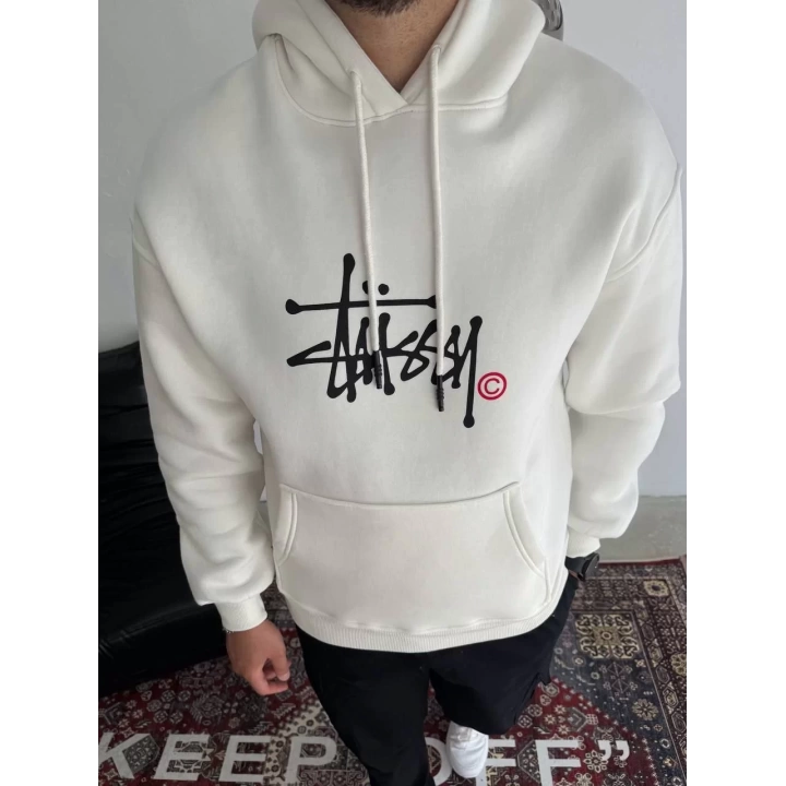 Üç İplik Kapşonlu Baskılı SweatShirt - Beyaz