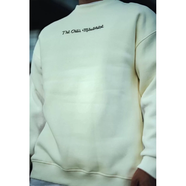 Üç İplik Penye Bisiklet Yaka Oversize Baskılı SweatShirt - Beyaz