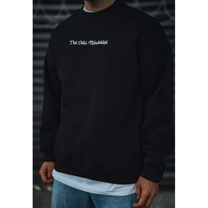 Üç İplik Penye Bisiklet Yaka Oversize Baskılı SweatShirt - Siyah