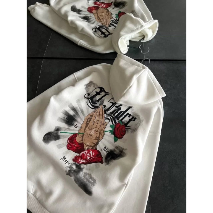 Üç İplik Penye Uzun Kol Kapüşonlu Baskılı SweatShirt - Beyaz