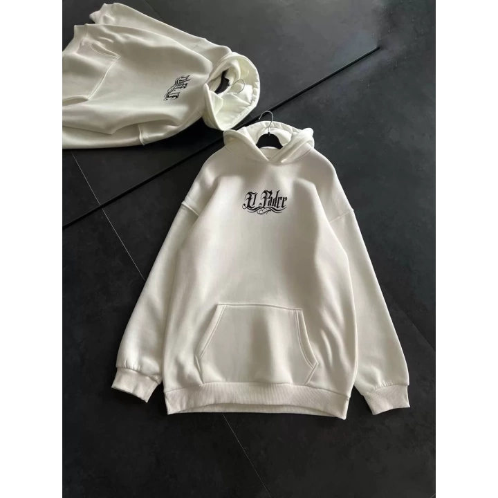 Üç İplik Penye Uzun Kol Kapüşonlu Baskılı SweatShirt - Beyaz