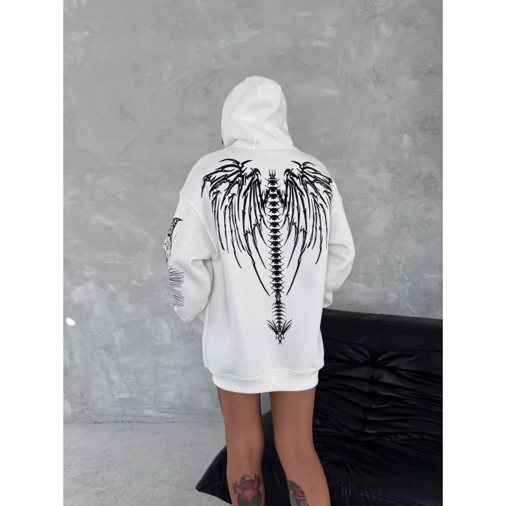 Üç İplik Uzun Kol Kapüşonlu Baskılı SweatShirt - Beyaz