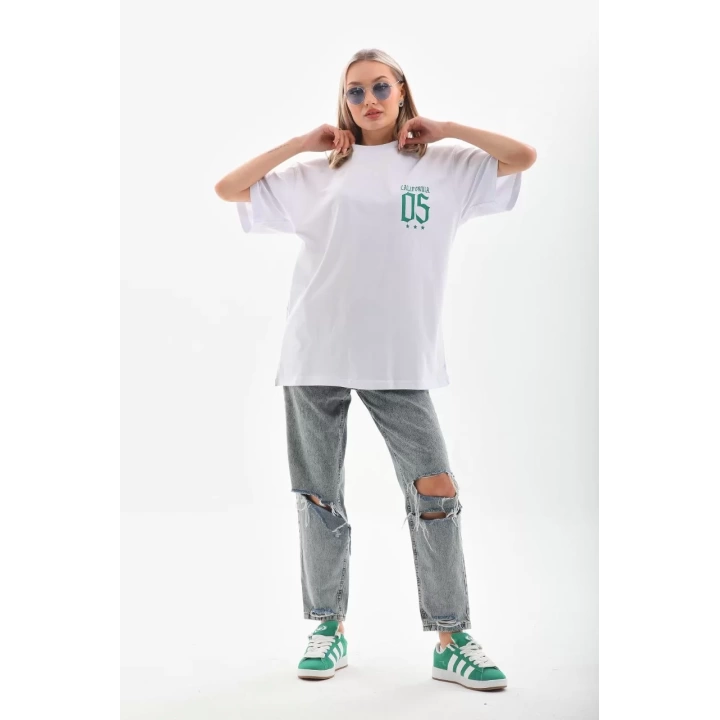 Unisex Baskılı Oversize T-Shirt - Beyaz