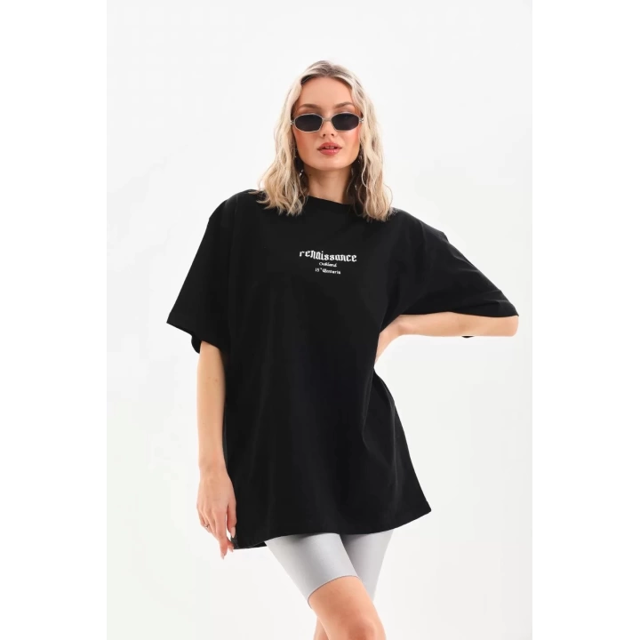 Unisex Baskılı Oversize T-Shirt - Siyah