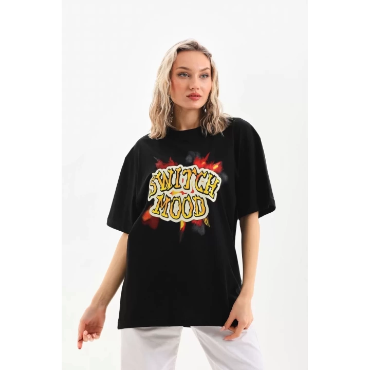 Unisex Baskılı Oversize T-Shirt - Siyah