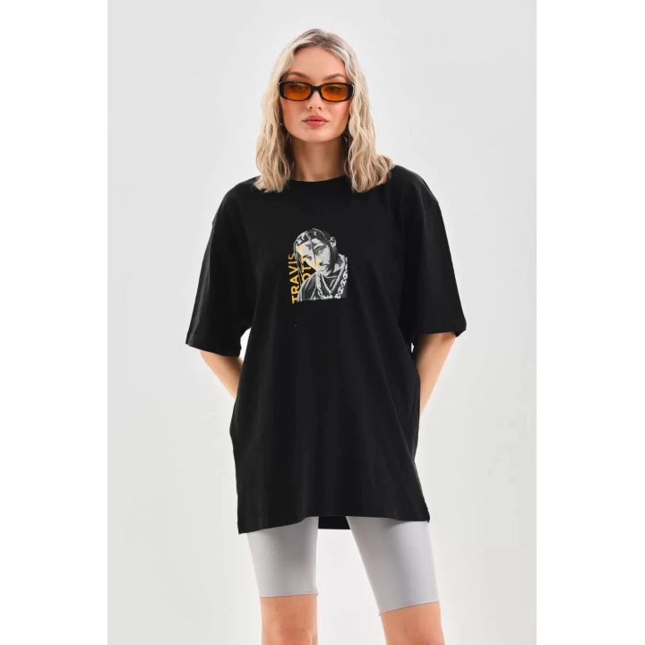 Unisex Baskılı Oversize T-Shirt - Siyah