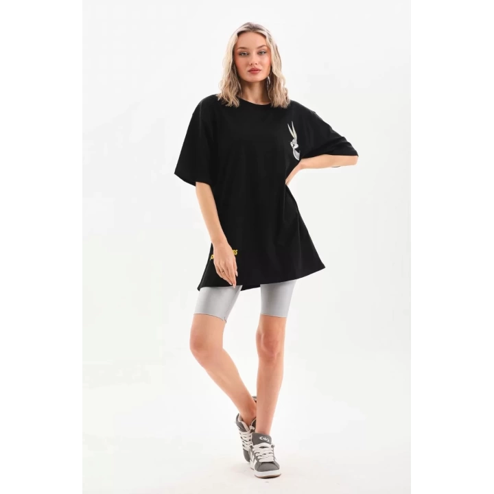 Unisex Baskılı Oversize T-Shirt - Siyah