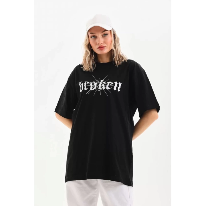 Unisex Baskılı Oversize T-Shirt - Siyah