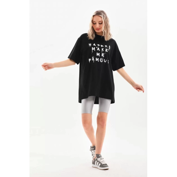 Unisex Baskılı Oversize T-Shirt - Siyah