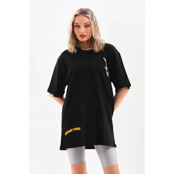 Unisex Baskılı Oversize T-Shirt - Siyah