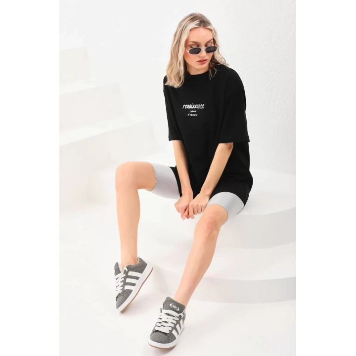 Unisex Baskılı Oversize T-Shirt - Siyah