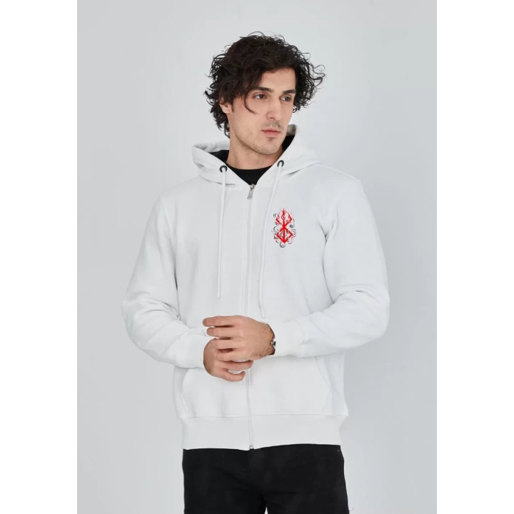 Unisex Baskılı Tam Fermuarlı Kapşonlu SweatShirt - Beyaz