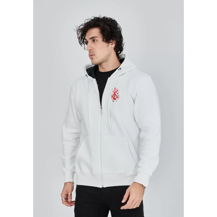 Unisex Baskılı Tam Fermuarlı Kapşonlu SweatShirt - Beyaz