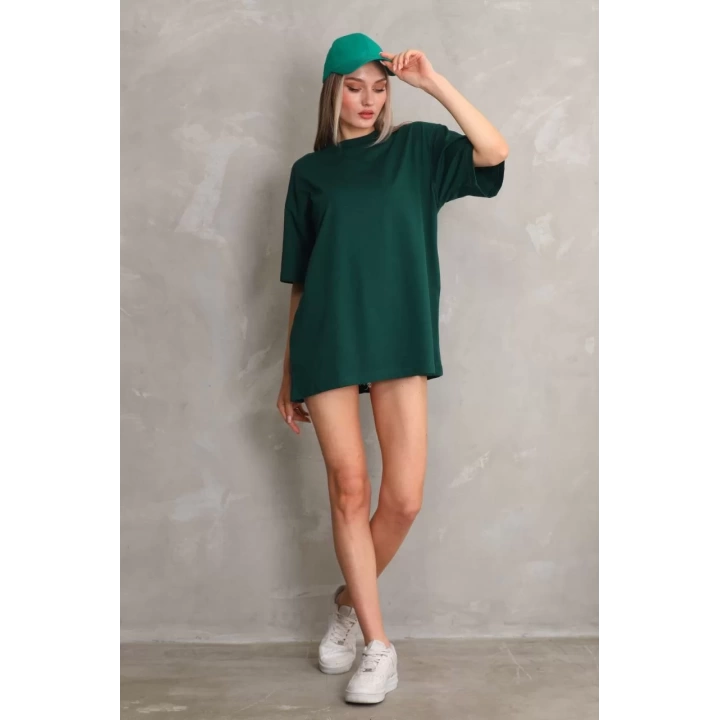 Unisex Bisiklet Yaka 20/1 Düz Oversize T-Shirt - Yeşil