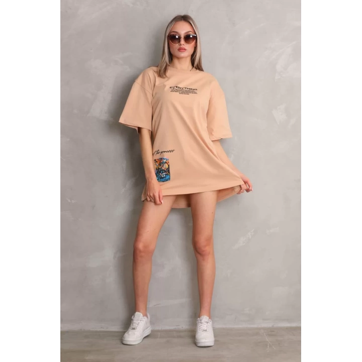 Unisex Bisiklet Yaka Baskılı Oversize T-Shirt - Bej