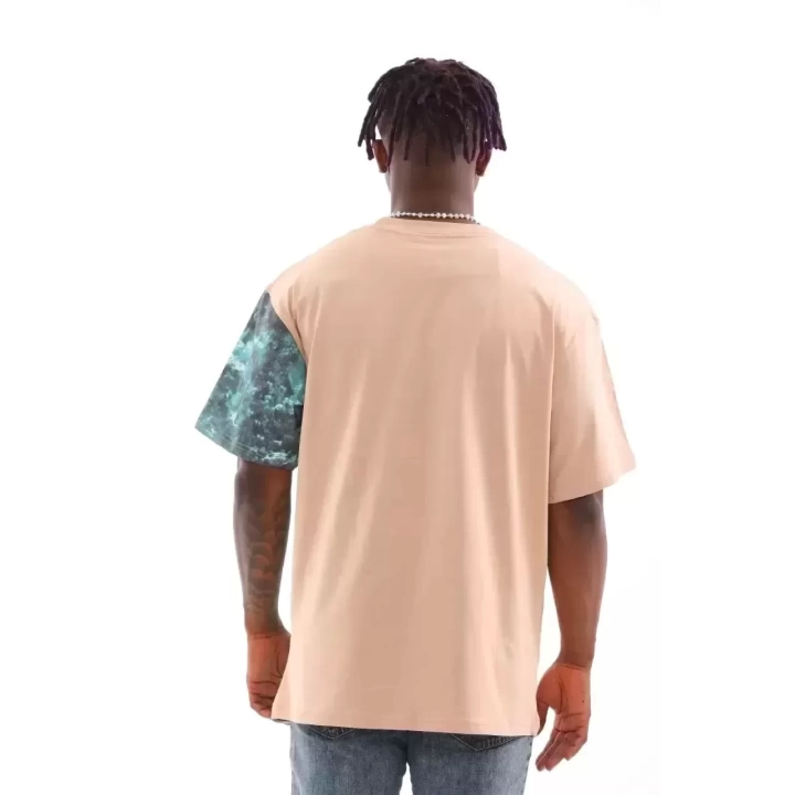 Unisex Bisiklet Yaka Baskılı Oversize T-Shirt - Bej