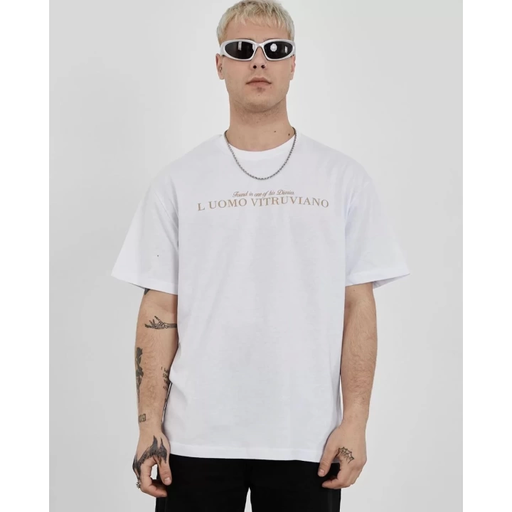 Unisex Bisiklet Yaka Baskılı Oversize T-Shirt - Beyaz