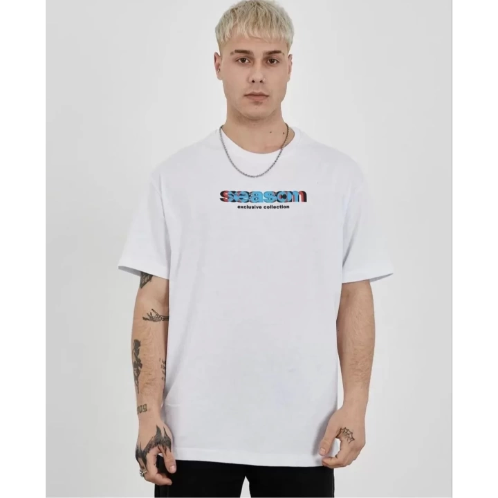 Unisex Bisiklet Yaka Baskılı Oversize T-Shirt - Beyaz