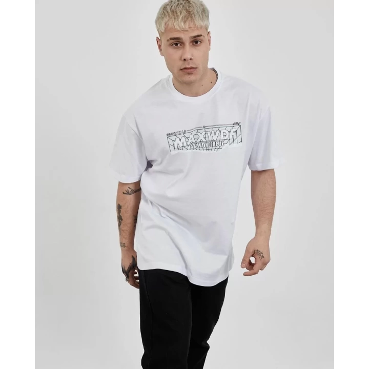 Unisex Bisiklet Yaka Baskılı Oversize T-Shirt - Beyaz