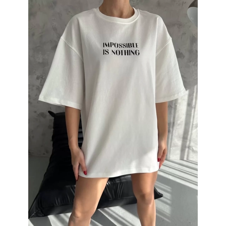 Unisex Bisiklet Yaka Baskılı Oversize T-Shirt - Beyaz