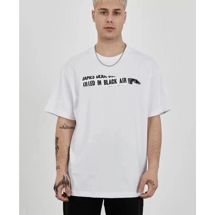 Unisex Bisiklet Yaka Baskılı Oversize T-Shirt - Beyaz