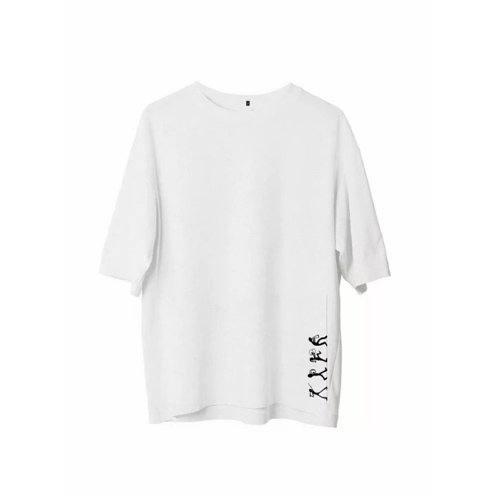 Unisex Bisiklet Yaka Baskılı Oversize T-Shirt - Beyaz