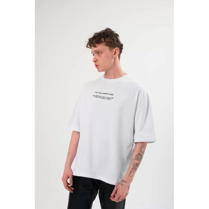 Unisex Bisiklet Yaka Baskılı Oversize T-Shirt - Beyaz