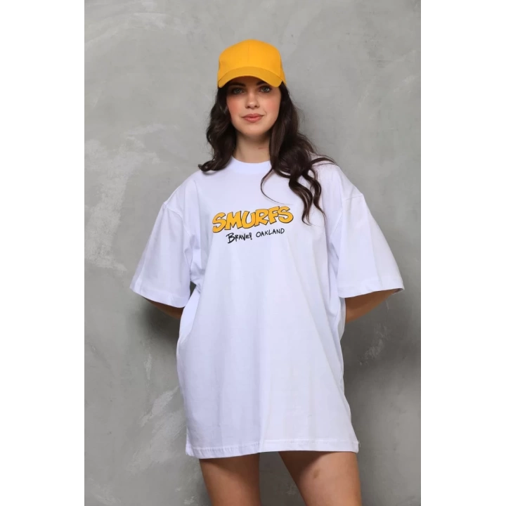 Unisex Bisiklet Yaka Baskılı Oversize T-Shirt - Beyaz